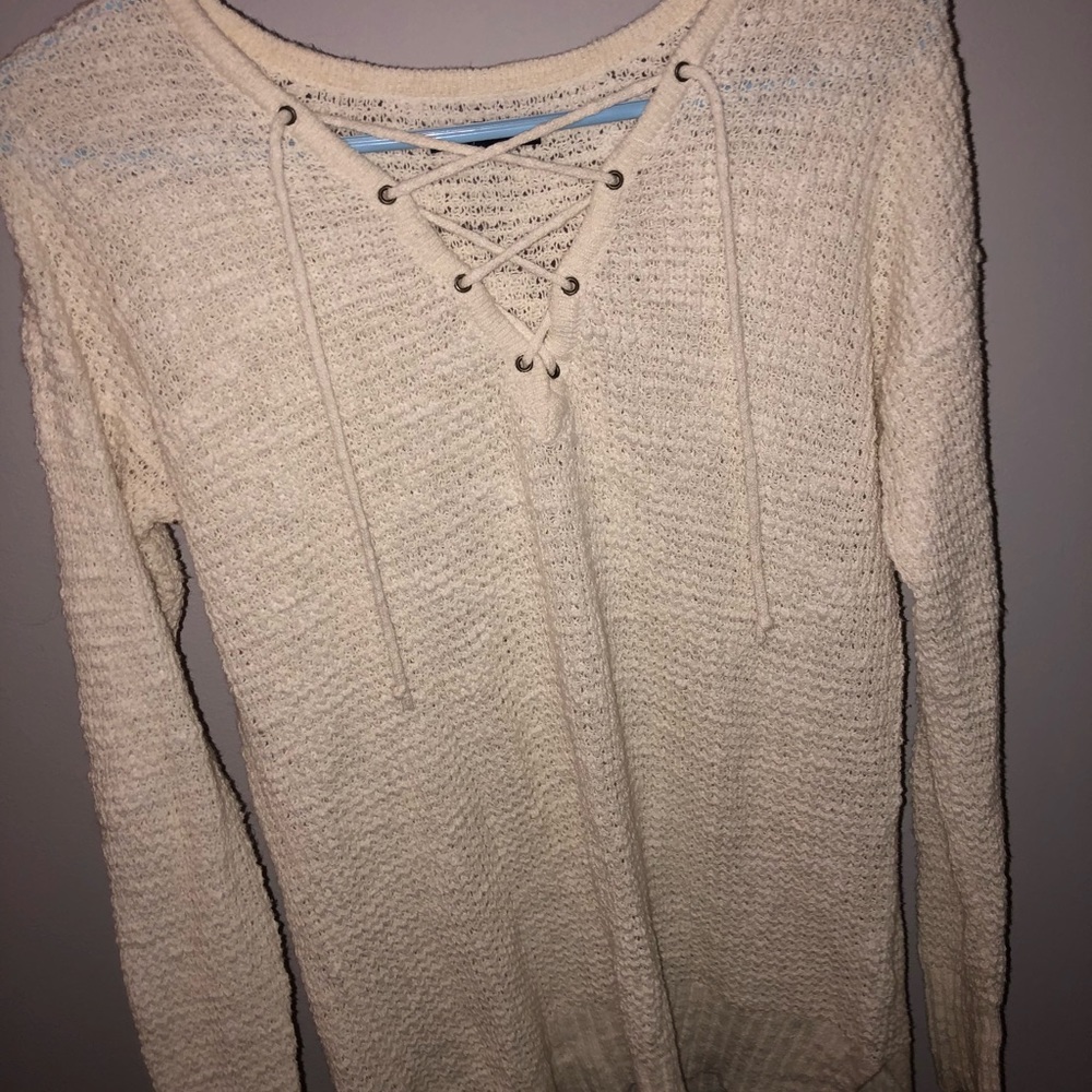 American Eagle White Lace Up Knit Swearer
